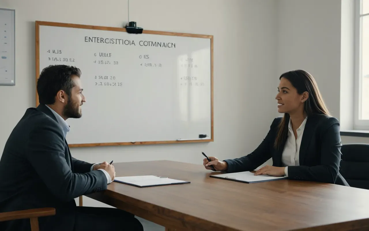 A modern office meeting room with a wooden table. Two people are looking at documents and talking animatedly. One person points to a whiteboard filled with abstract diagrams and arrows but no written words. The lighting is warm and inviting.