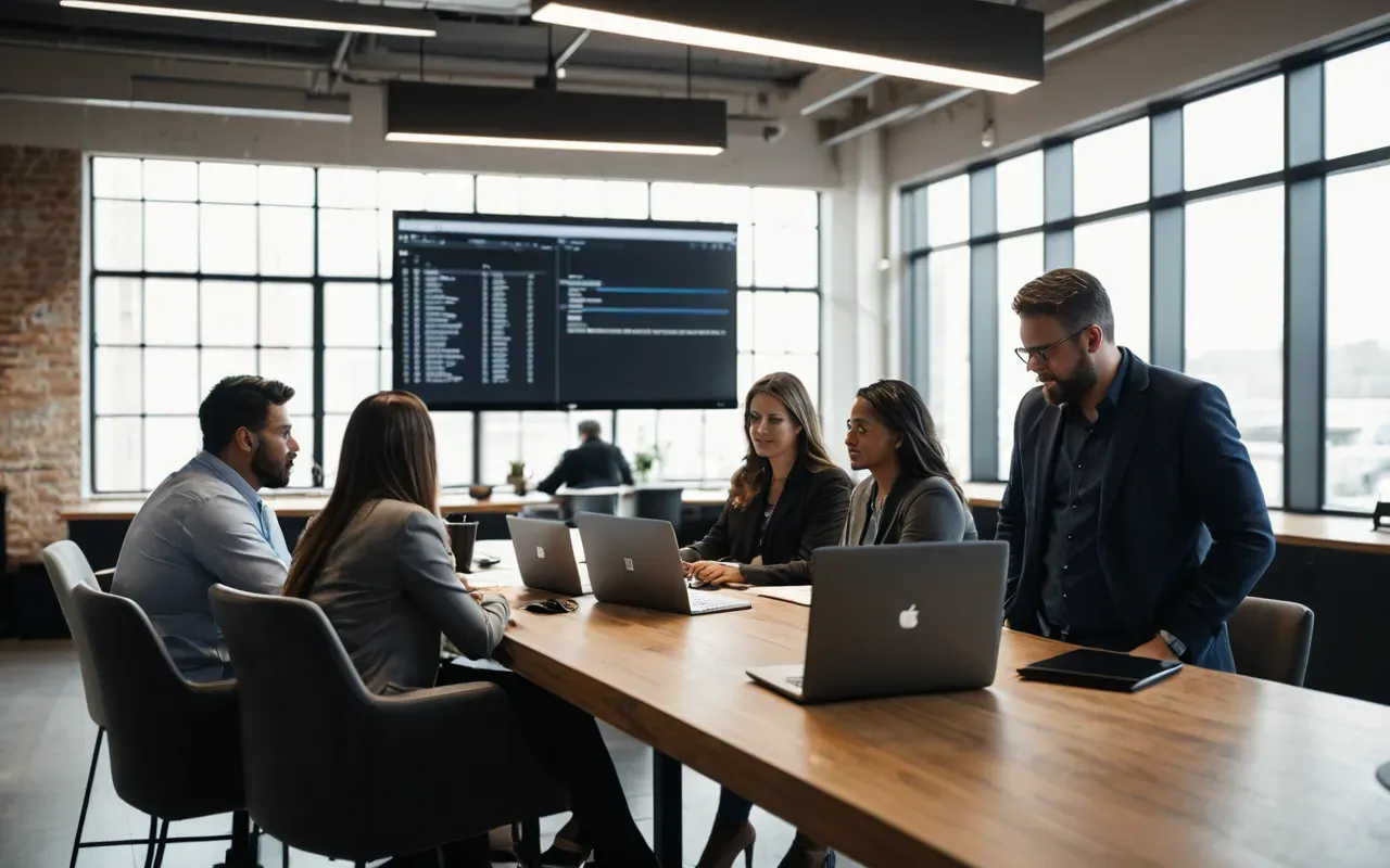 A modern office setting with a diverse group of professionals collaborating around a table. Natural light streams through large windows illuminating laptops and notebooks. The scene emphasizes teamwork and strategic planning without displaying any readable documents or screens.