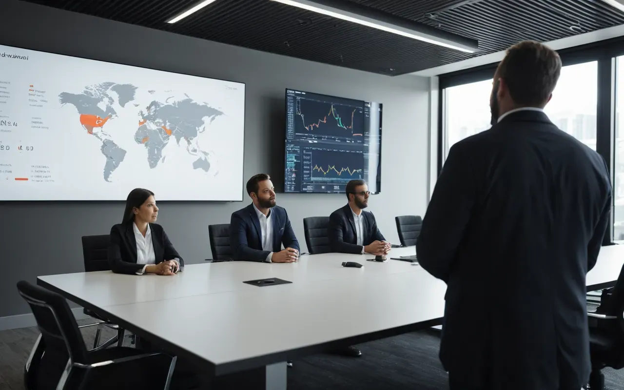 A modern office setting with a diverse team of professionals gathered around a large digital display showing abstract data visualizations and network connections. The lighting is bright and natural, creating a collaborative and innovative atmosphere.