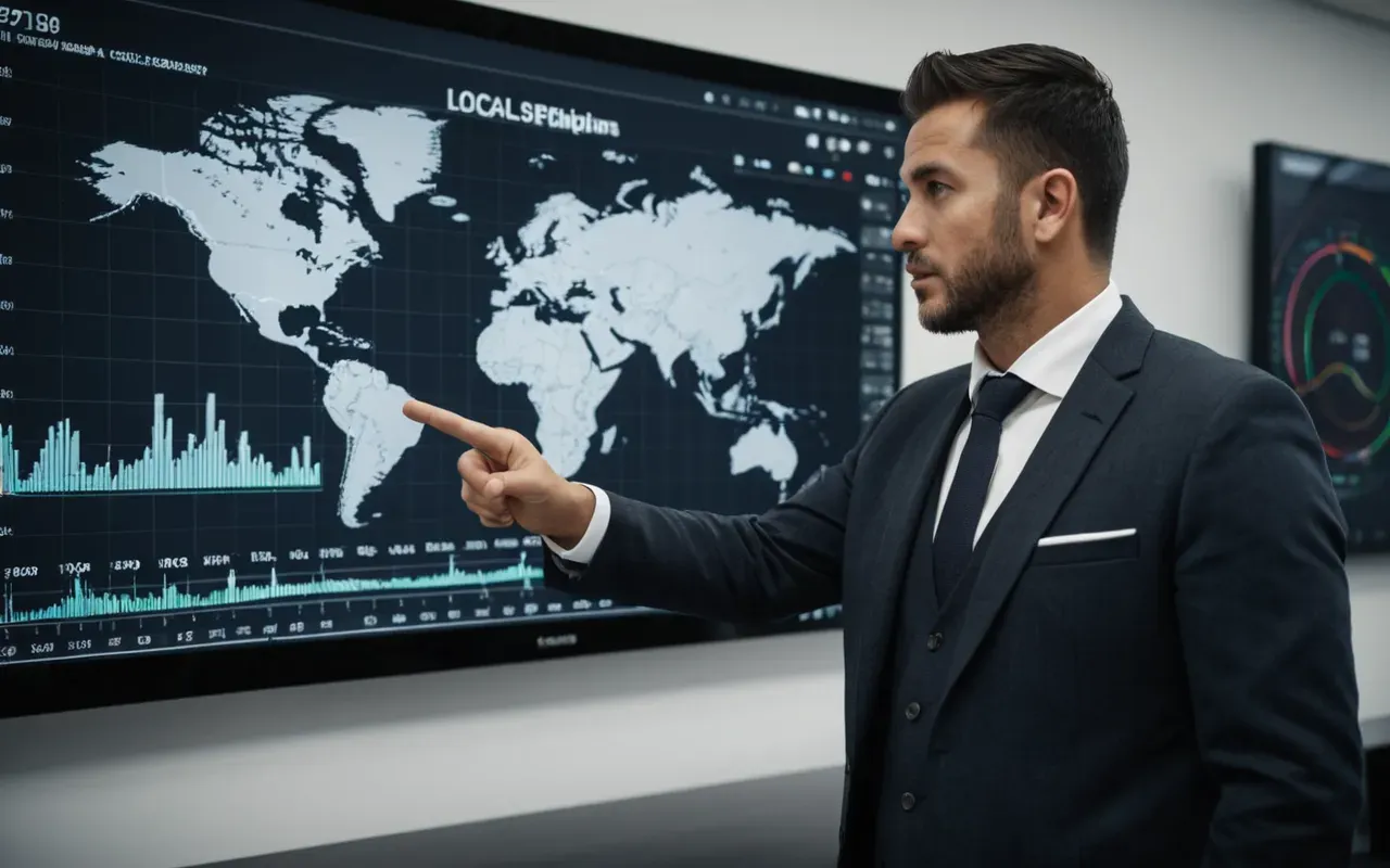 A modern office setting with a professional in a smart blazer pointing at a large wall monitor displaying abstract geometric charts and data visualizations without any text or numbers. The room has soft ambient lighting, clean white walls, and a minimalist aesthetic suggesting a strategic planning session.