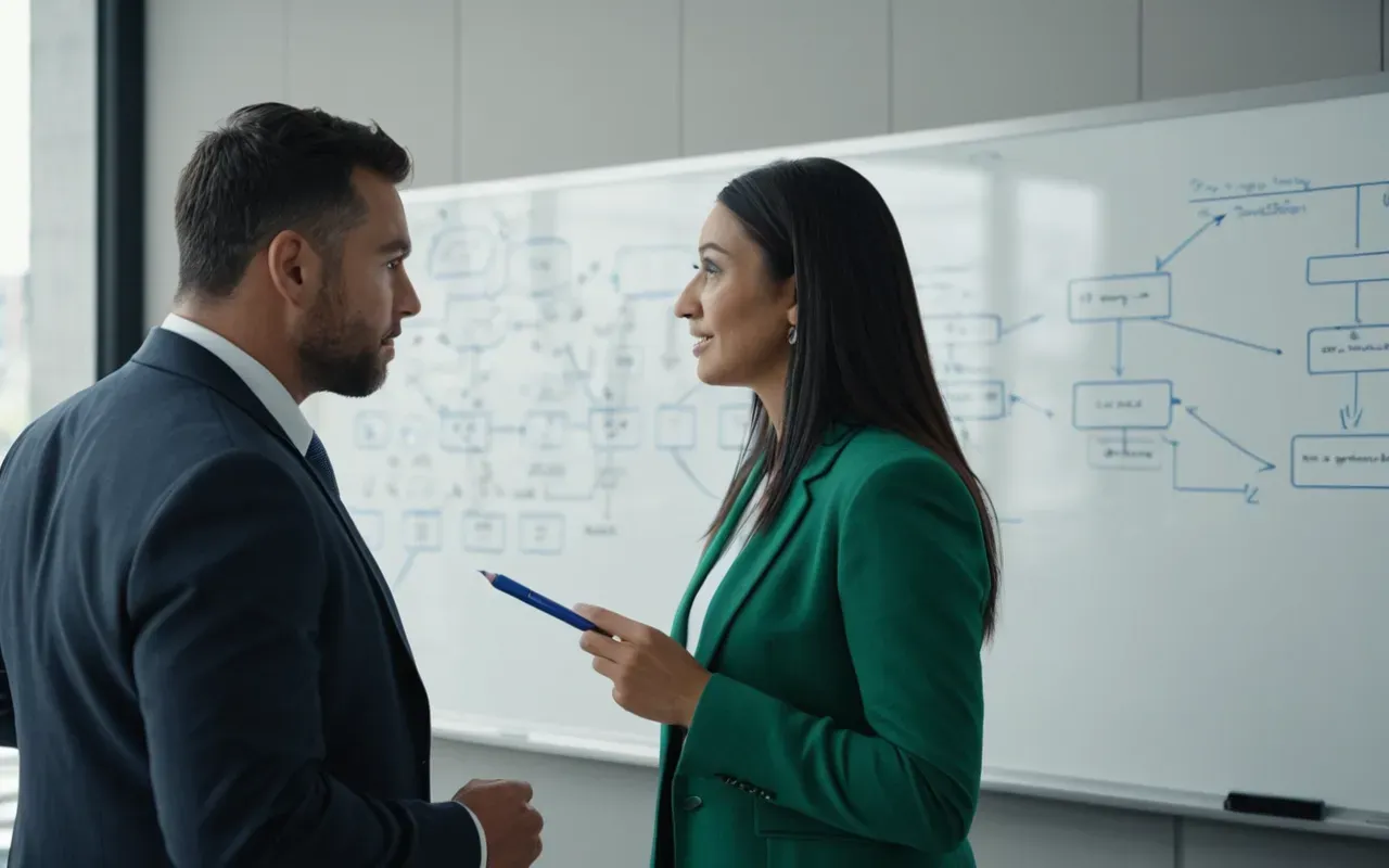 strategy discussion session A modern office setting with two people discussing strategies at a whiteboard filled with abstract diagrams and flowcharts in blue and green markers.