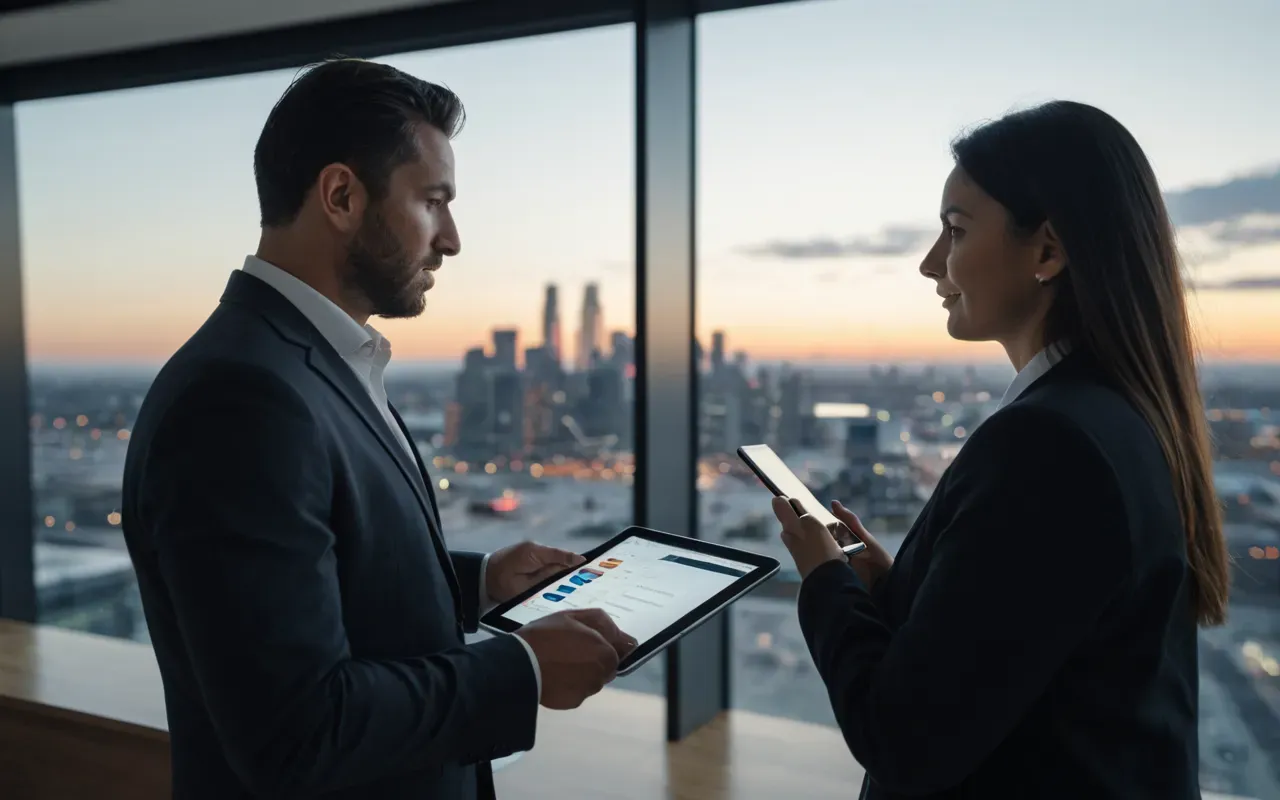 A modern office space with a large glass wall overlooking a city skyline at dusk. Inside, two professionals are discussing strategy over a tablet device on a wooden table.