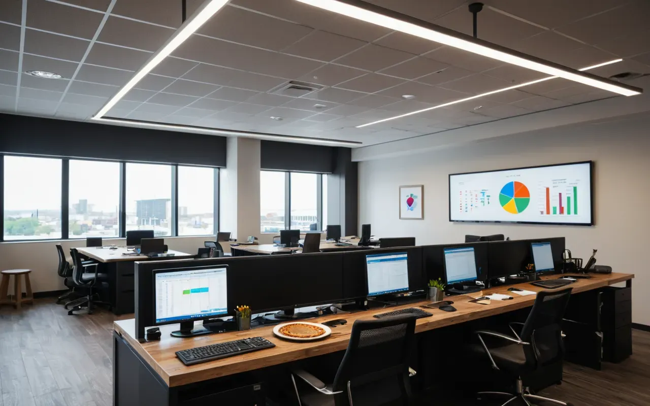 A modern office space with a large monitor displaying colorful pie charts and bar graphs, soft ambient lighting from ceiling fixtures above the desk area