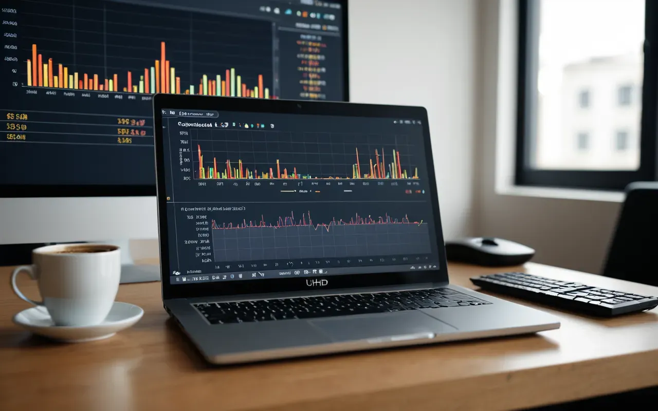 marketing analytics dashboard A modern office workspace featuring a laptop screen showing abstract data charts and bar graphs with no text. A coffee cup sits beside the keyboard on a wooden desk near a window with bright natural light.