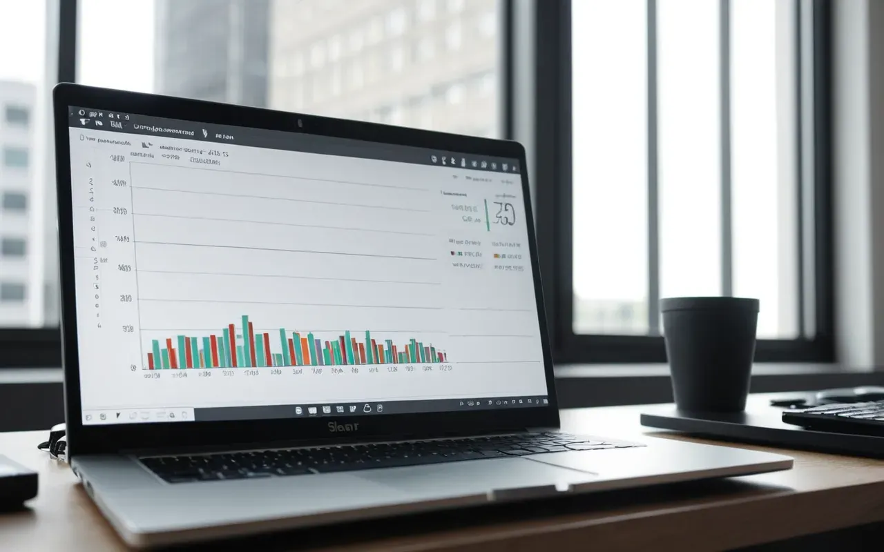 A modern office workspace with a laptop screen showing abstract data visualizations and charts on a clean desk under bright natural light from a window.