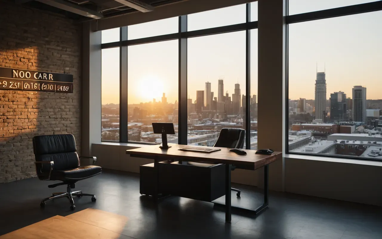 modern seo workspace setup A modern office workspace with a standing desk and ergonomic chair near large windows showing a cityscape during golden hour lighting.