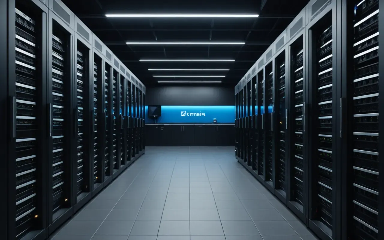 web infrastructure and data center environment A modern server room with rows of sleek black units and soft blue lighting in a clean industrial space.