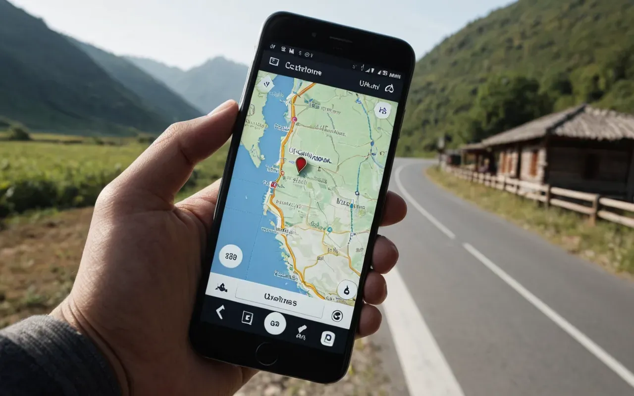 mobile mapping technology A modern smartphone held in hand displaying a map interface with location pins and navigation routes on a clean screen background showing outdoor scenery behind the device without any readable text or symbols.