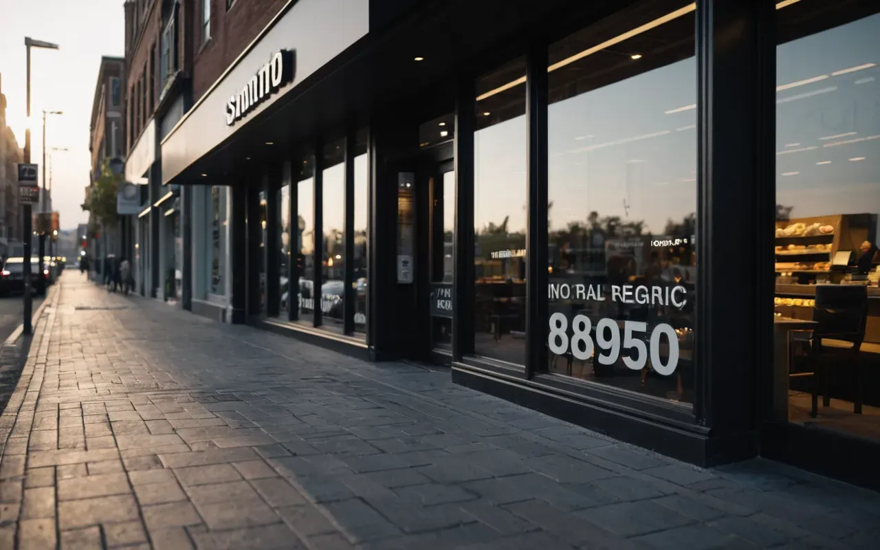 local business storefront visibility for local seo small business digital presence strategies A modern storefront with large glass windows and soft evening light reflecting on the pavement in a clean urban setting.