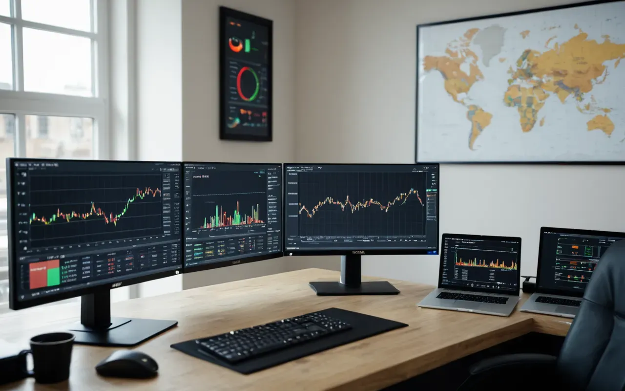 video analytics dashboard A modern workspace with two computer monitors displaying colorful data visualization charts and graphs. Soft natural light from a nearby window illuminates the desk surface. A keyboard and mouse sit neatly arranged on a clean white desktop. The scene conveys professional focus without any visible text or logos.