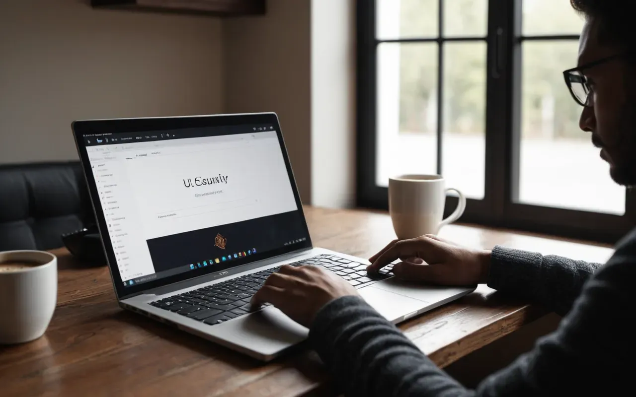 seo professional working A person in a modern casual outfit typing on a laptop at a clean wooden desk with a cup of coffee and soft natural window light creating gentle shadows