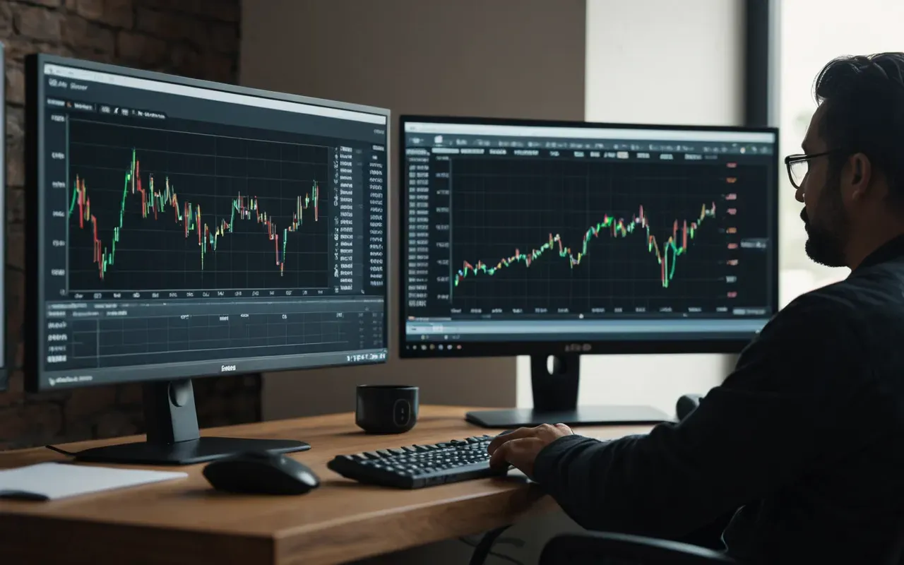 A person sitting at a desk reviewing data on two computer monitors with one screen showing graph lines and the other displaying a list of items.