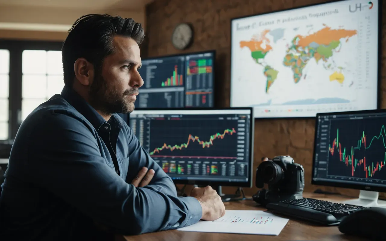 A person sitting at a desk with arms crossed looking skeptical while facing a large monitor showing colorful charts and graphs.