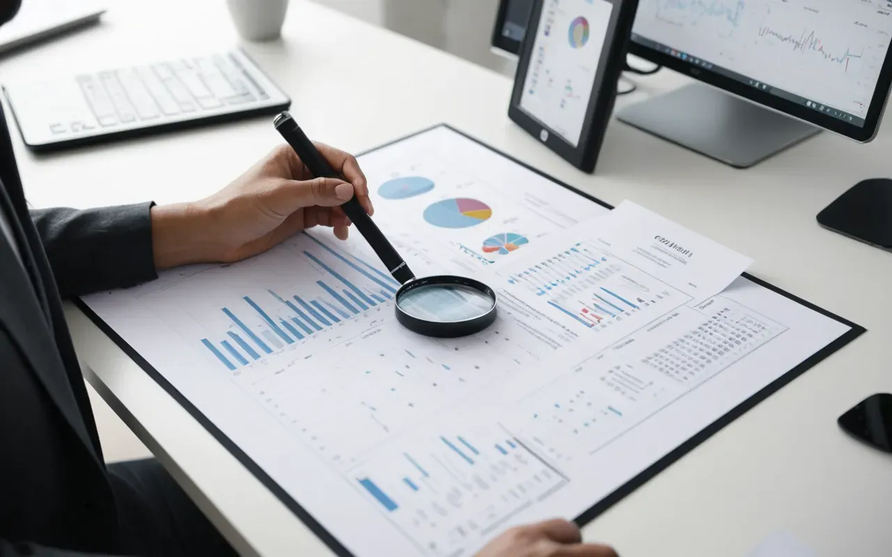 A person sitting at a modern desk reviewing printed documents with a magnifying glass next to a tablet displaying abstract charts in a bright minimalist office setting.