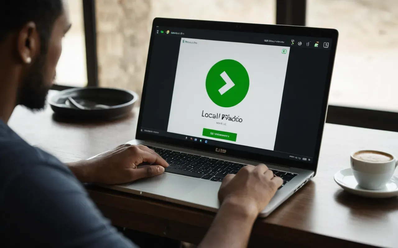 A person sitting at a modern desk staring at a laptop screen with a green checkmark icon displayed on the monitor while their hand rests thoughtfully on the table edge in bright natural light.