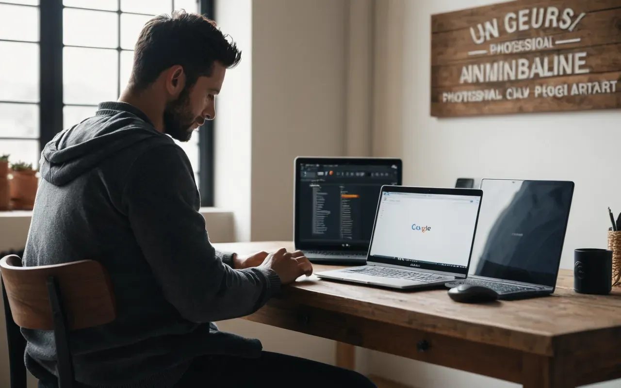 seo strategy planning session A person sitting at a wooden desk in a bright modern workspace looking at a laptop with both hands resting on the keyboard while natural light streams through large windows illuminating the clean minimalist room and simple furniture pieces.