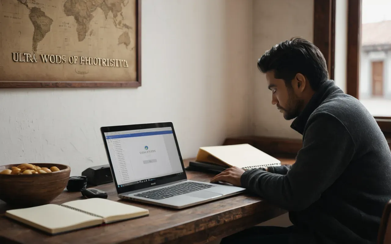 A person sitting at a wooden desk with a laptop open and a notebook nearby, natural light from a window on the left side of the frame