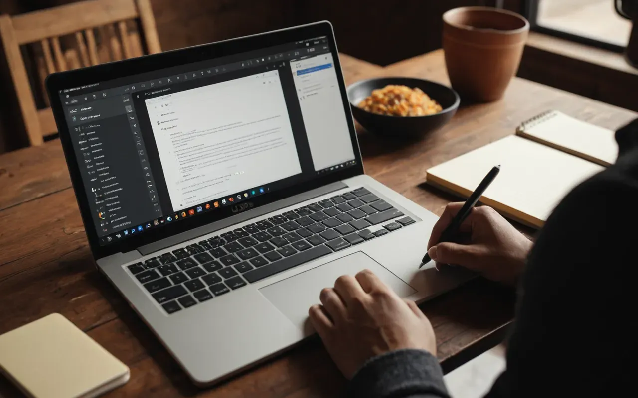 A person sitting at a wooden desk writing notes in a notebook next to an open laptop. Warm indoor lighting highlights the workspace with soft shadows and a calm focused mood.