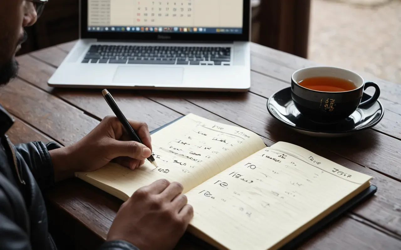 planning strategy A person writing notes in a leather bound notebook next to a cup of tea and a laptop displaying a calendar interface with soft afternoon light casting gentle shadows on the desk surface