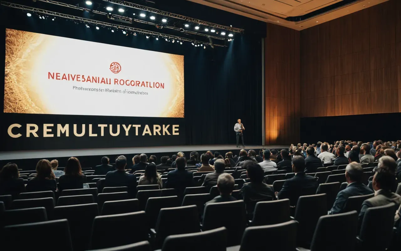 A presenter standing on a stage sharing a slide with an audience in a large modern conference hall with warm lighting