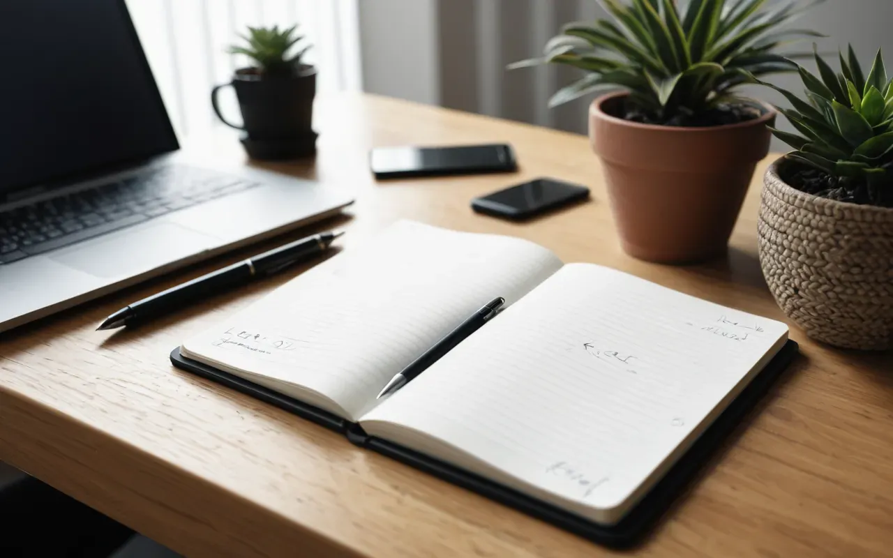 A professional office setting with a desk organizer holding pens and small potted plants next to a closed notebook and a modern smartphone lying on light wood surface under natural window light.