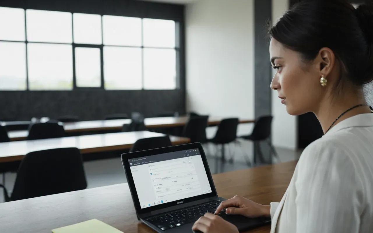A professional woman reviewing a laptop screen in a modern meeting room, holding a tablet with notes, focused expression, natural light.