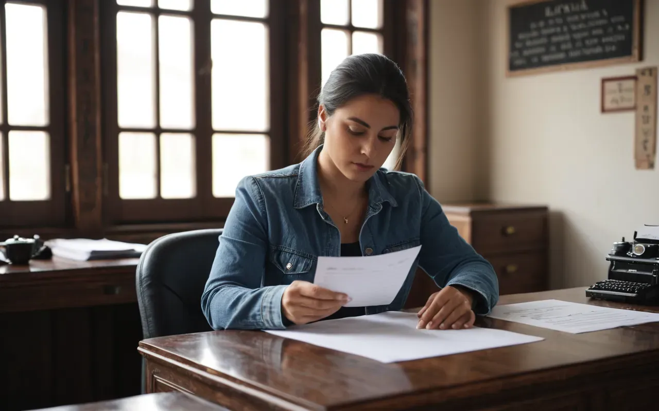 professional review process A professional woman reviewing documents at a wooden desk with natural light from a window highlighting her focused expression and organized workspace.