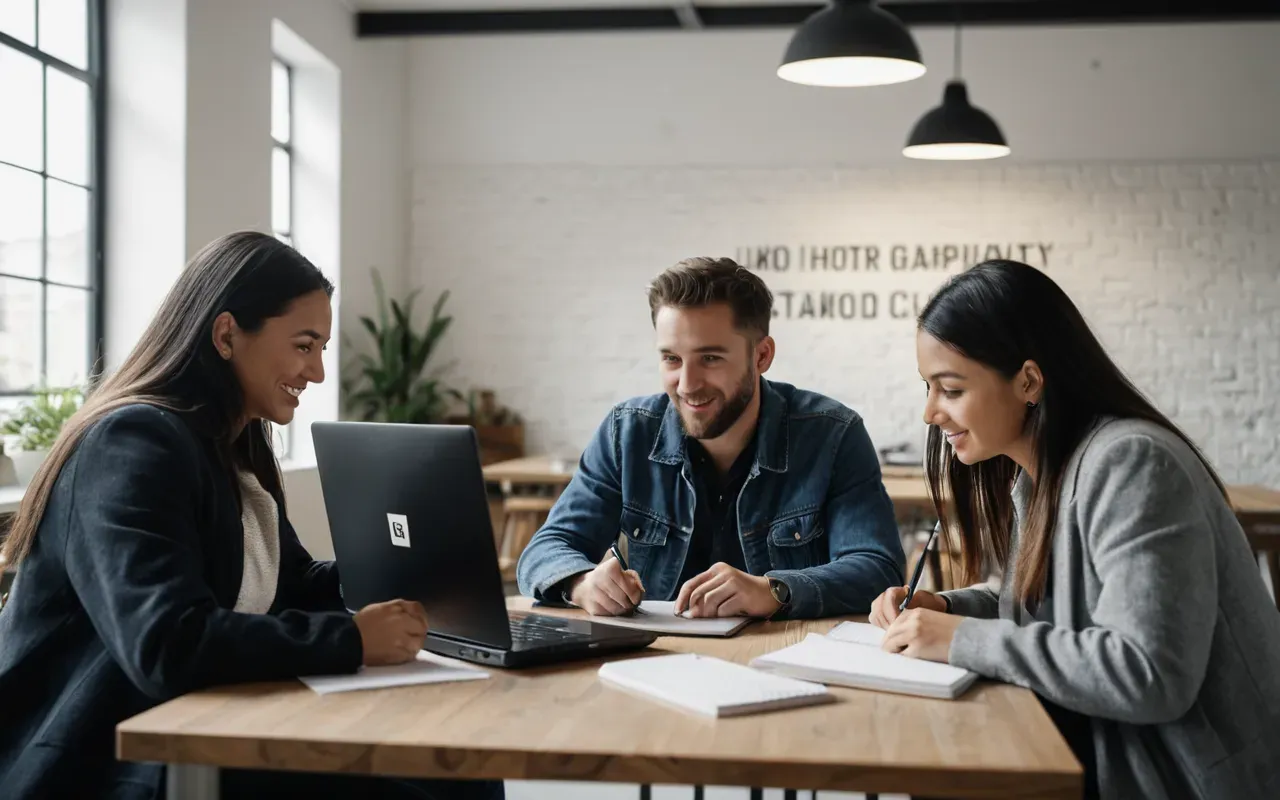 A small team of three people collaborating around a table with laptops and notebooks in a bright modern workspace sharing ideas enthusiastically.