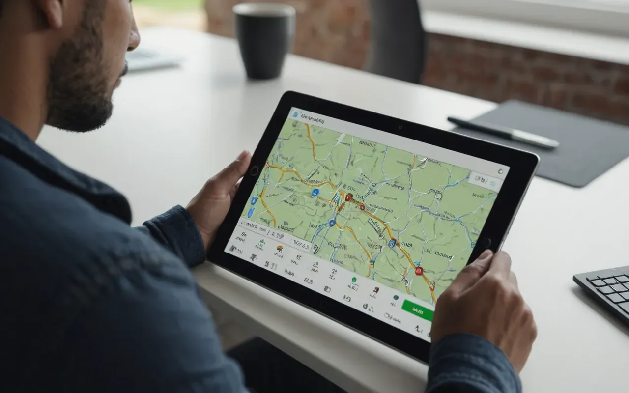 local seo mapping A split composition showing a person analyzing a physical map next to a digital tablet displaying location pins. The setting is a clean modern workspace with neutral tones and soft daylight highlighting the contrast between analog planning and digital data.