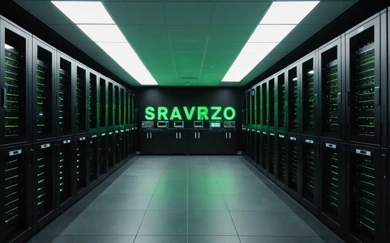 A wide angle view of a modern server room with rows of black cabinets and blinking green lights. The lighting is cool and blue, creating a sense of stability and underlying infrastructure support for digital operations.