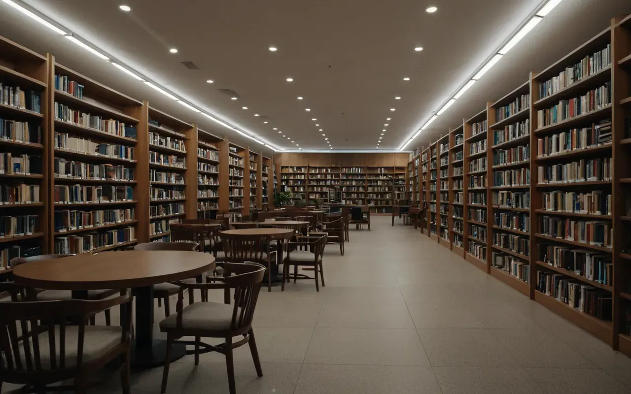 A wide shot of a modern library interior with tall shelves filled with books and reading areas with comfortable chairs, soft ambient lighting creating a calm and focused atmosphere for study