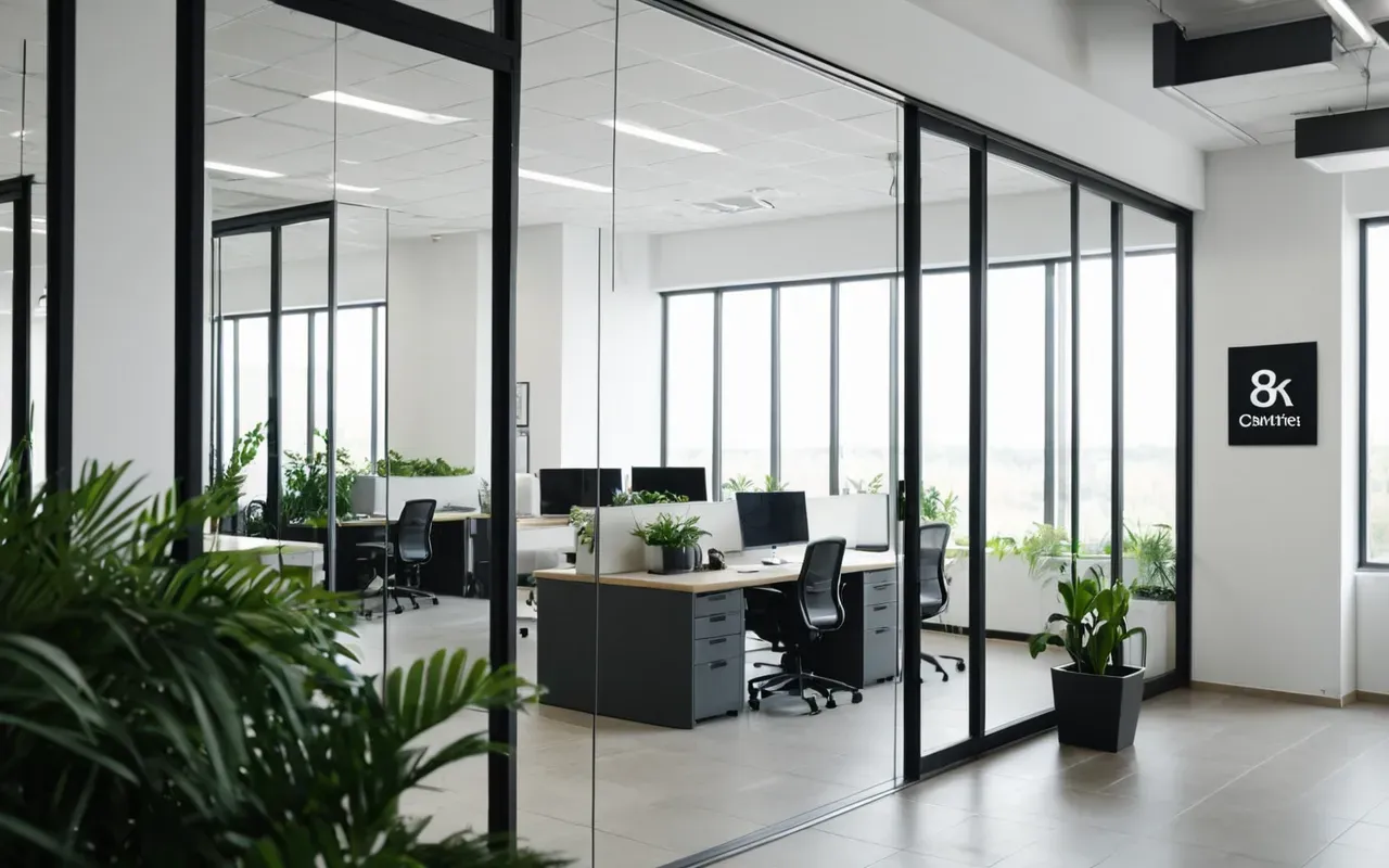 A wide shot of a modern minimalist office interior with glass partitions and green plants under soft daylight lighting and clean lines