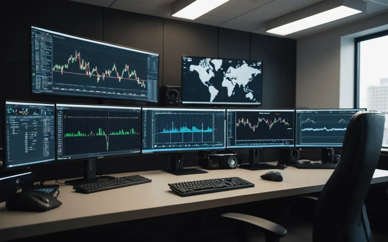 A wide shot of a modern workspace with multiple monitors displaying code and graphs, clean desk setup, soft ambient lighting, professional atmosphere.