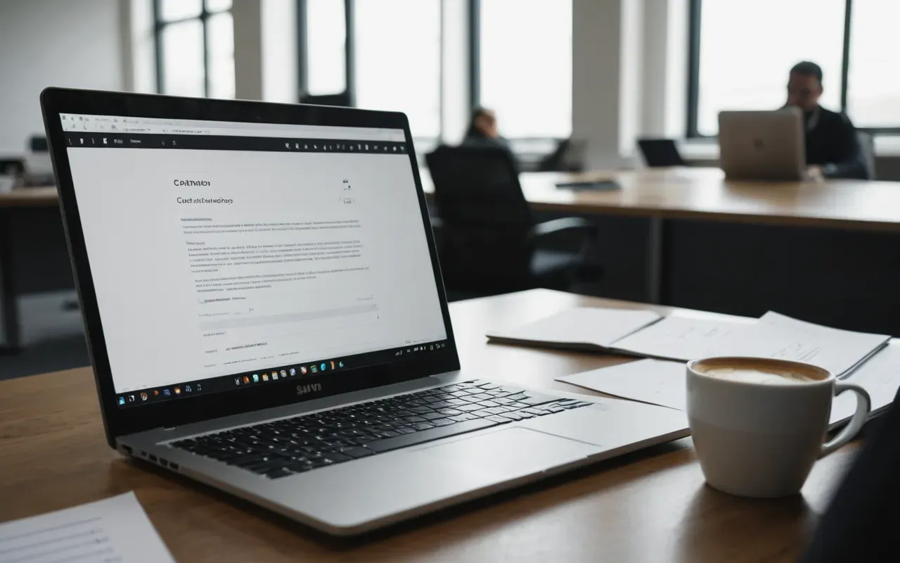 A writer typing on a laptop with a stack of printed notes and a coffee cup nearby in a well lit modern office space focusing intently on the screen content.