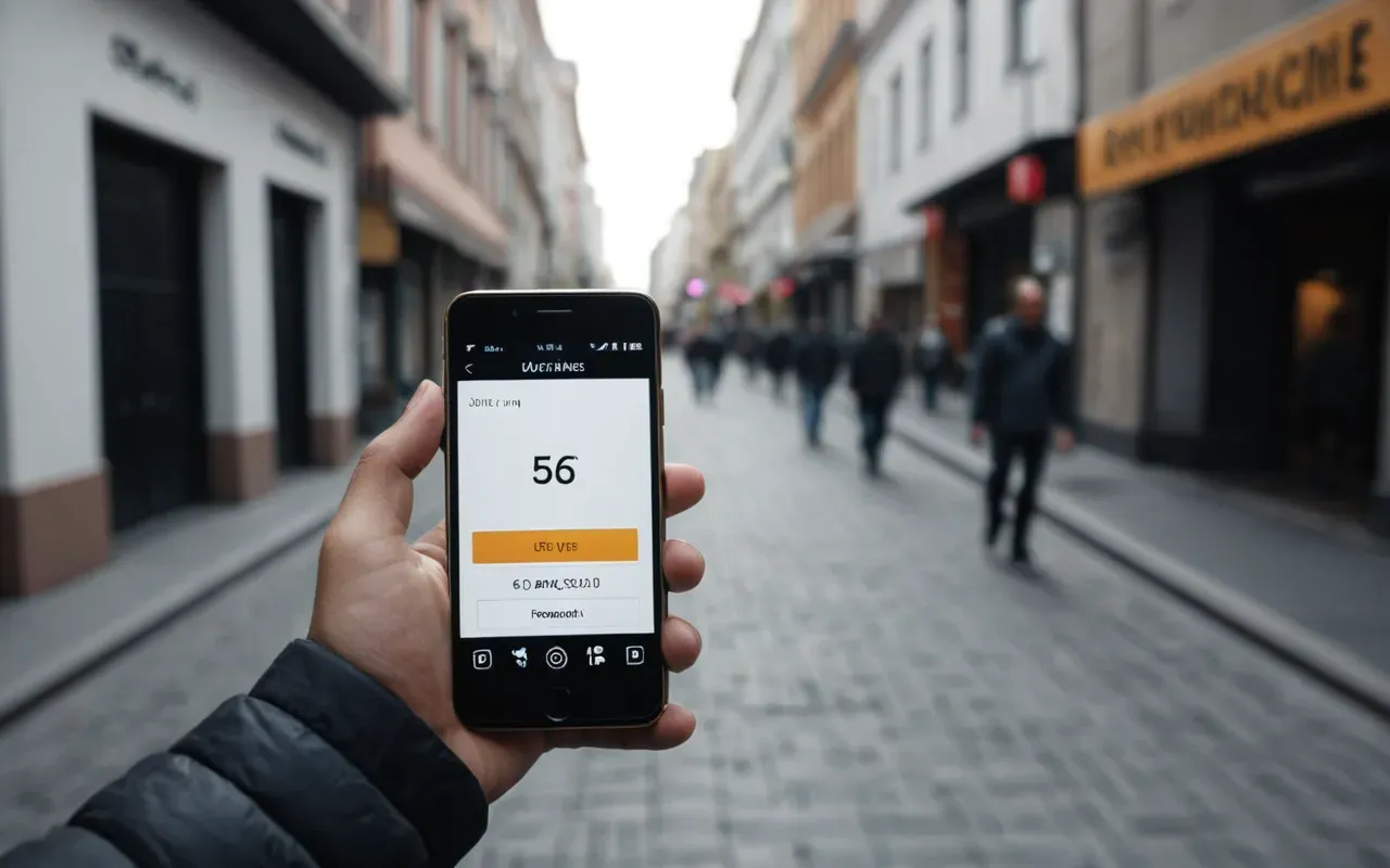A young person holding a smartphone while walking through a modern city street. The screen is blank but their expression shows focused attention as they search for information on the go.