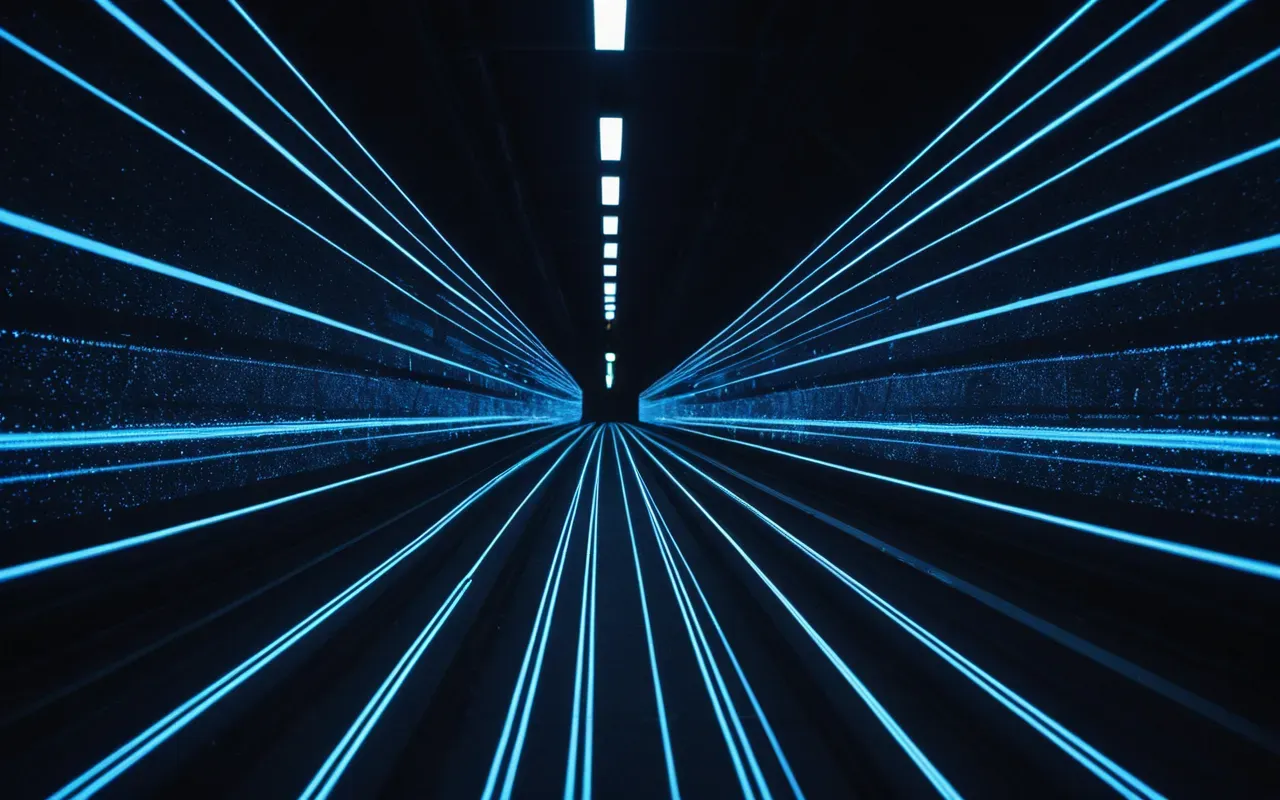 Abstract digital pathway made of glowing blue lines connecting nodes in a dark space, suggesting growth and connection over time.