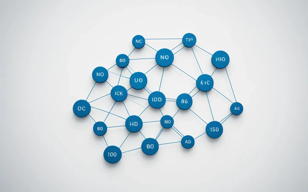 network topology visualization Abstract geometric diagram of connected nodes and lines in soft blue tones on a clean white background, representing network connectivity without any text or labels.