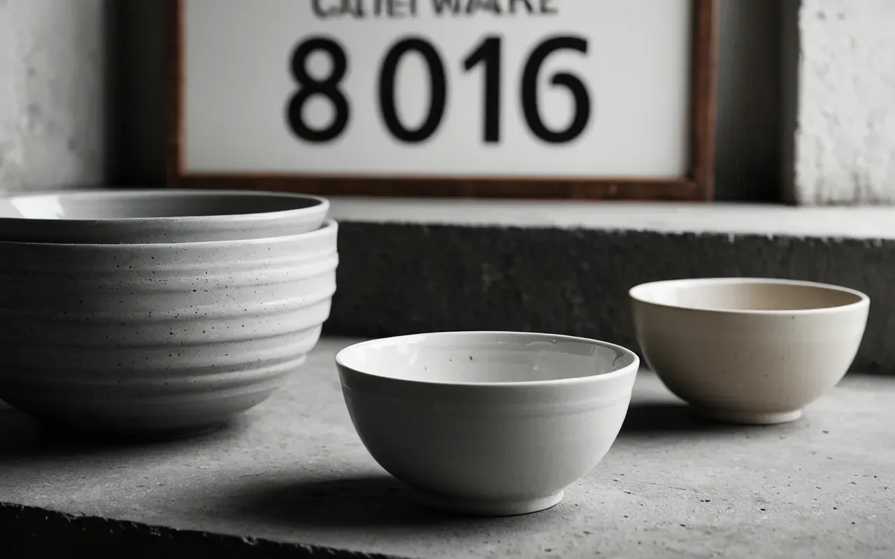 Clean editorial still life of ceramic dishware on a concrete surface with diffused soft light and monochrome neutral tones creating a calm visual mood