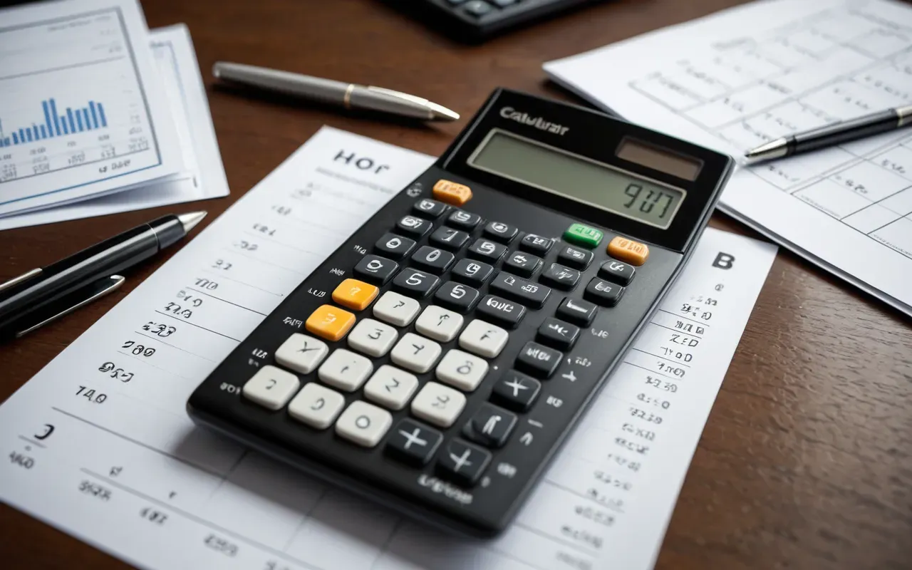 Close-up of a calculator and pen on a desk with scattered papers showing financial charts, bright office lighting, focus on calculation tools