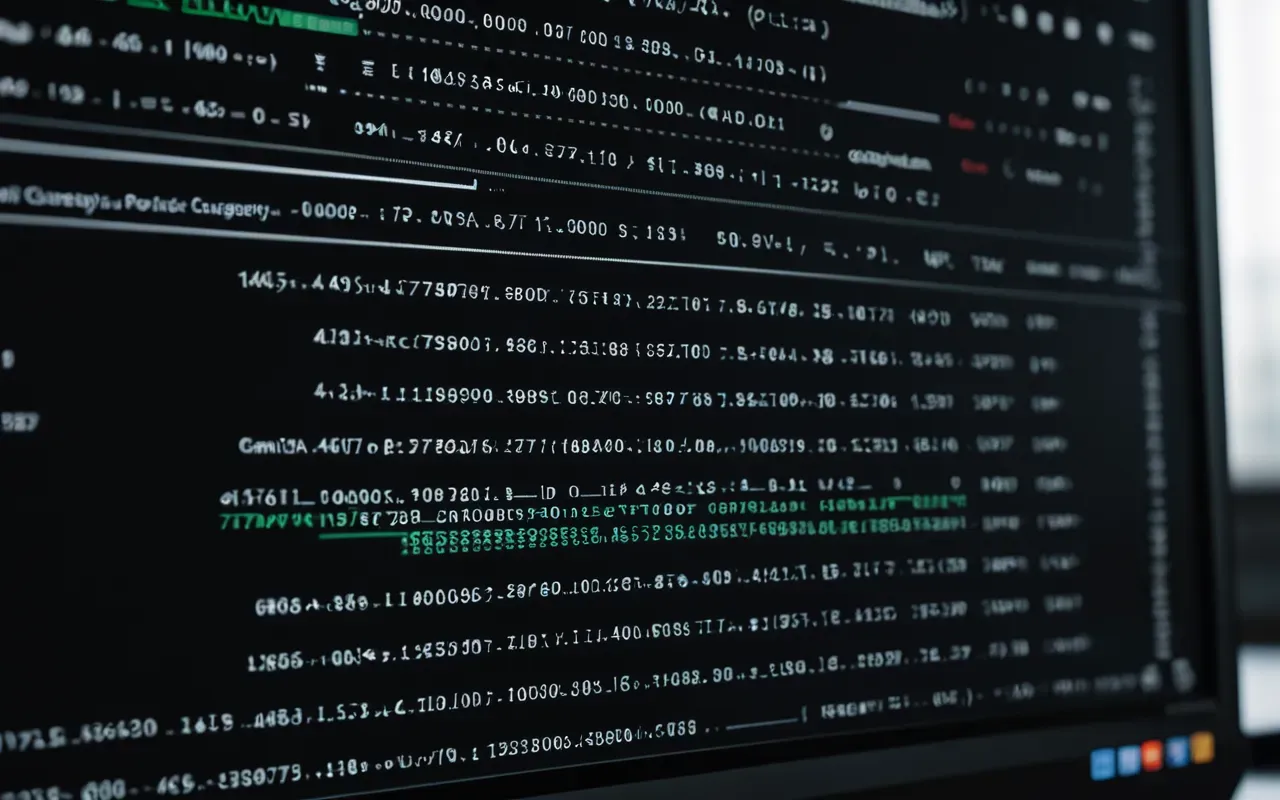 Close-up of a computer screen displaying code in a dark mode editor with syntax highlighting, reflected on the glass surface next to it, shallow depth of field.