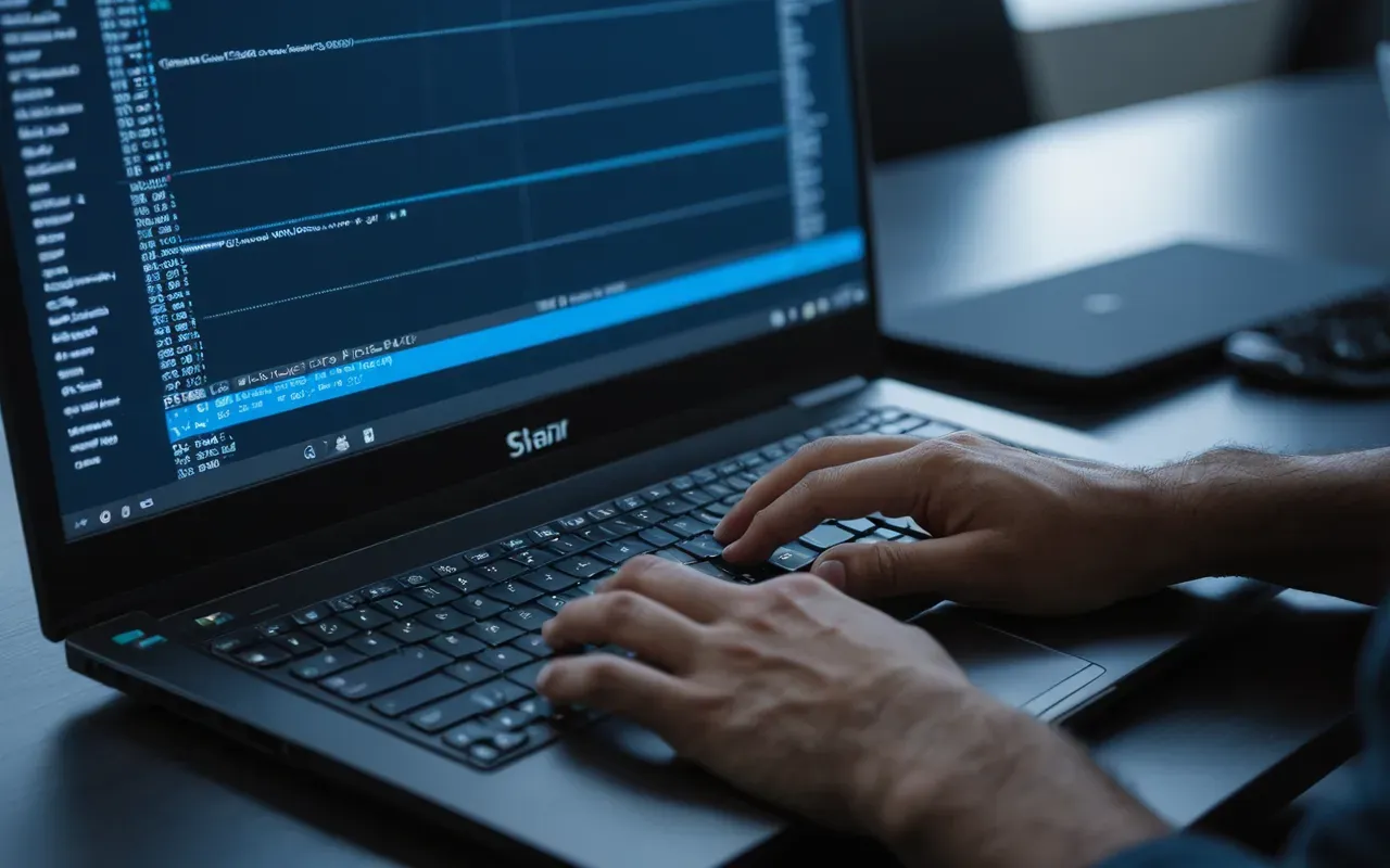 Close-up of a developer's hands typing code on a laptop screen in a dimly lit modern office with soft blue ambient lighting and blurred background monitors displaying abstract data visualizations.