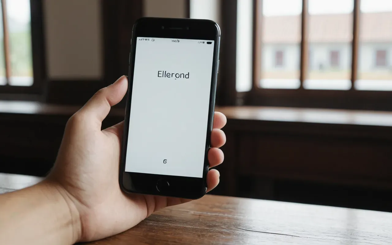 mobile search behavior Close-up of a hand holding a modern smartphone displaying a blank white screen, sitting on a clean wooden desk with soft natural window light and shallow depth of field.