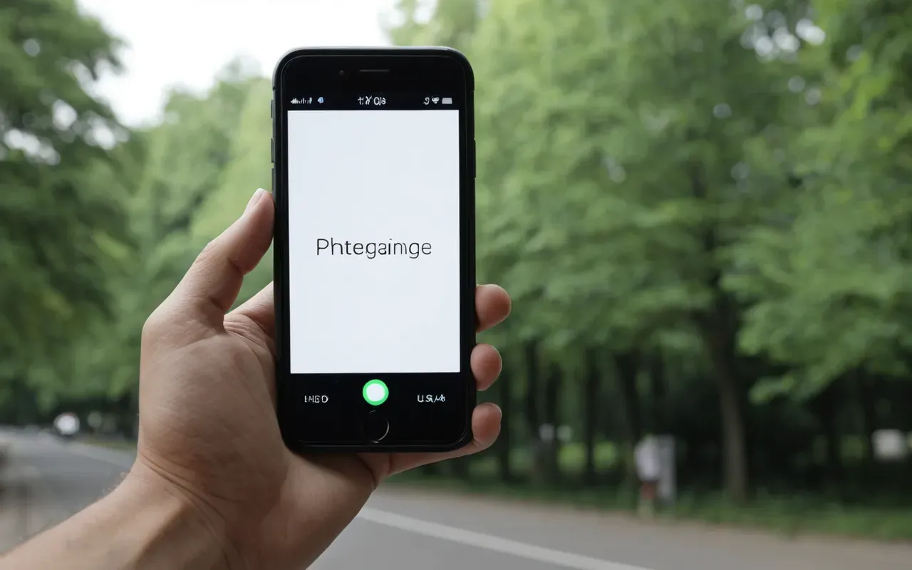 Close-up of a hand holding a modern smartphone with a blank white screen in an outdoor setting with blurred green trees and natural daylight reflecting off the glass surface.