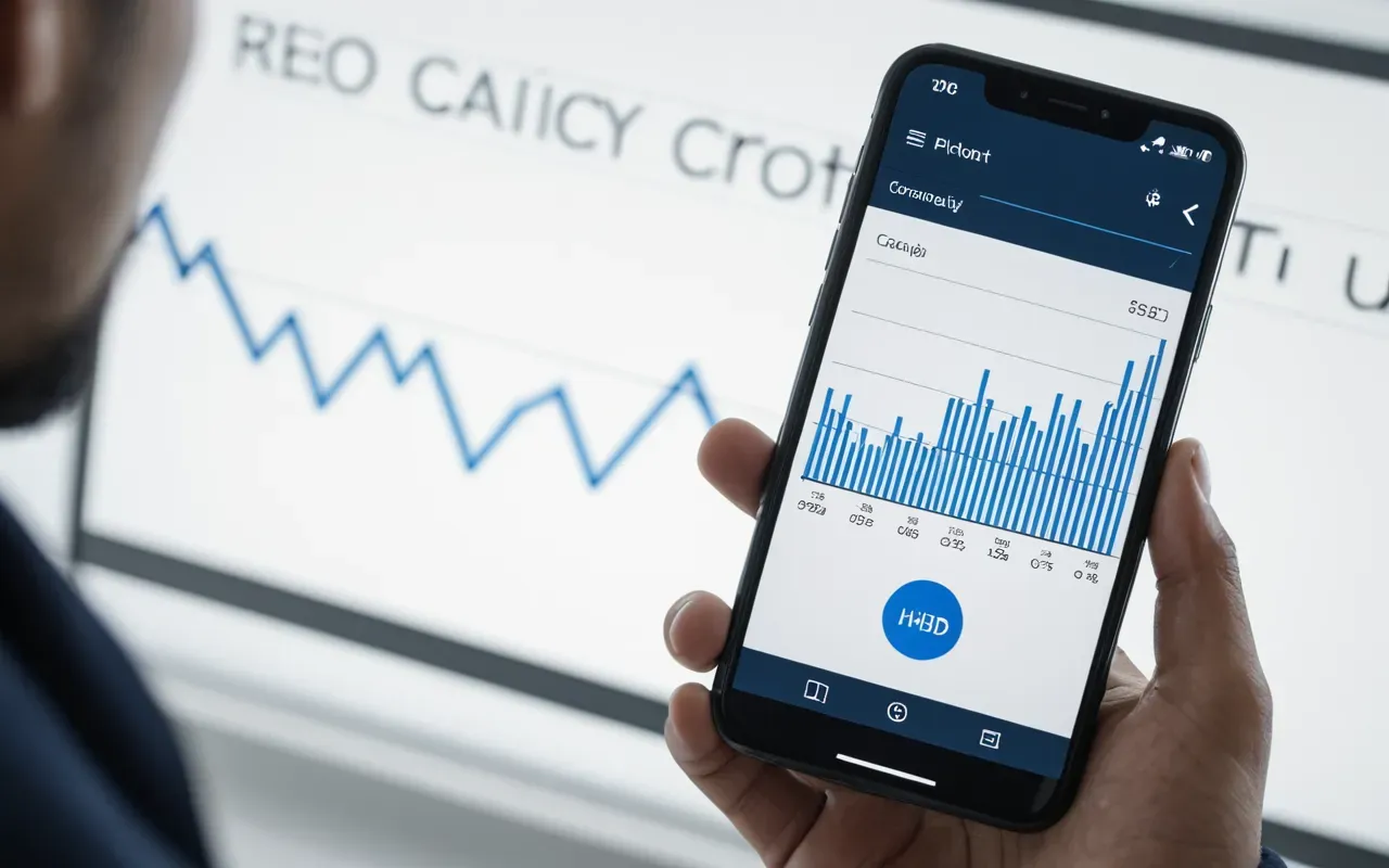 Close-up of a hand holding a smartphone displaying an abstract graph with rising blue lines on a white background in a modern office setting with soft natural light and blurred green plants in the foreground.