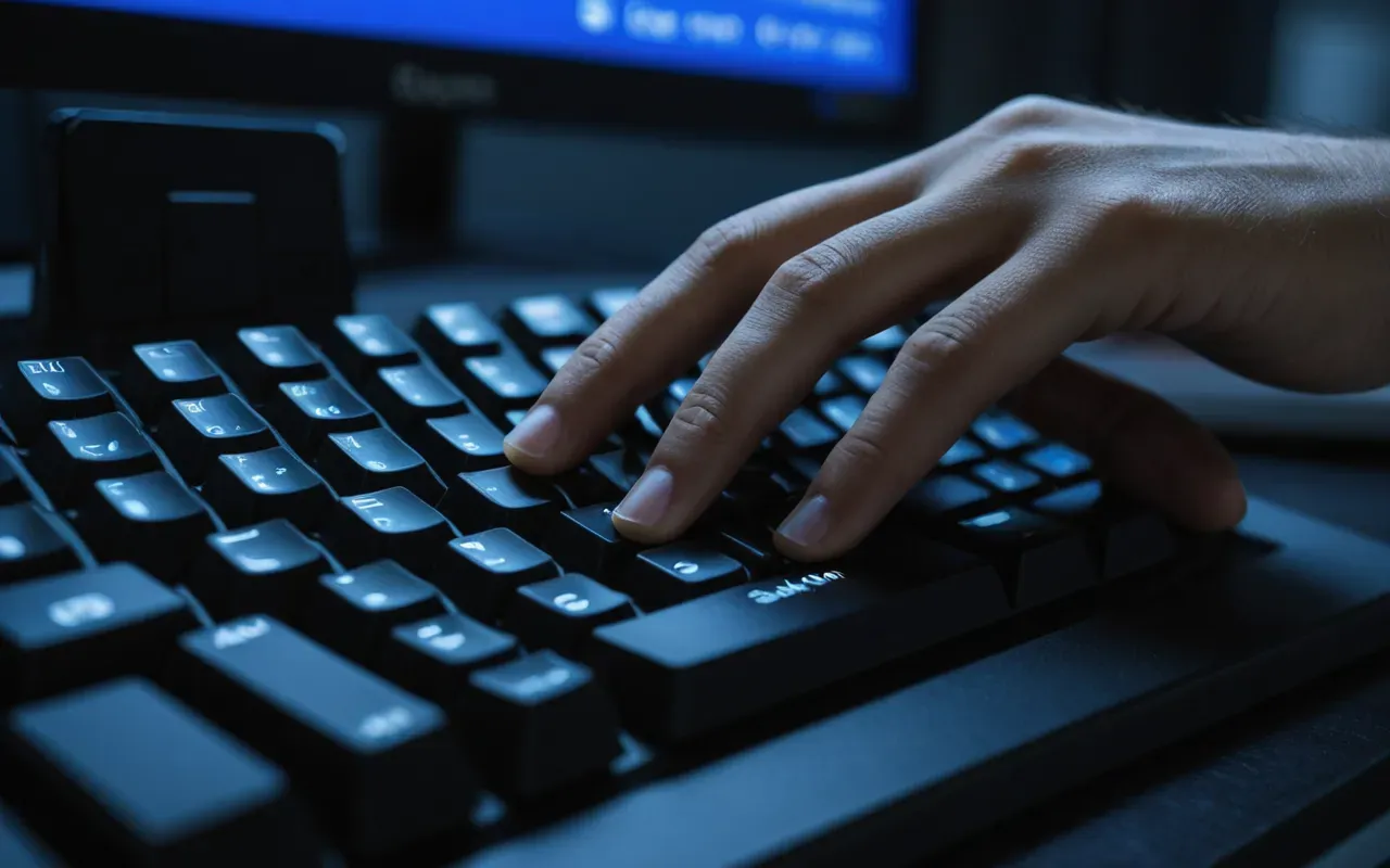 Close-up of a hand typing on a mechanical keyboard in a dimly lit modern office at night, blue screen light reflecting on the fingers, shallow depth of field
