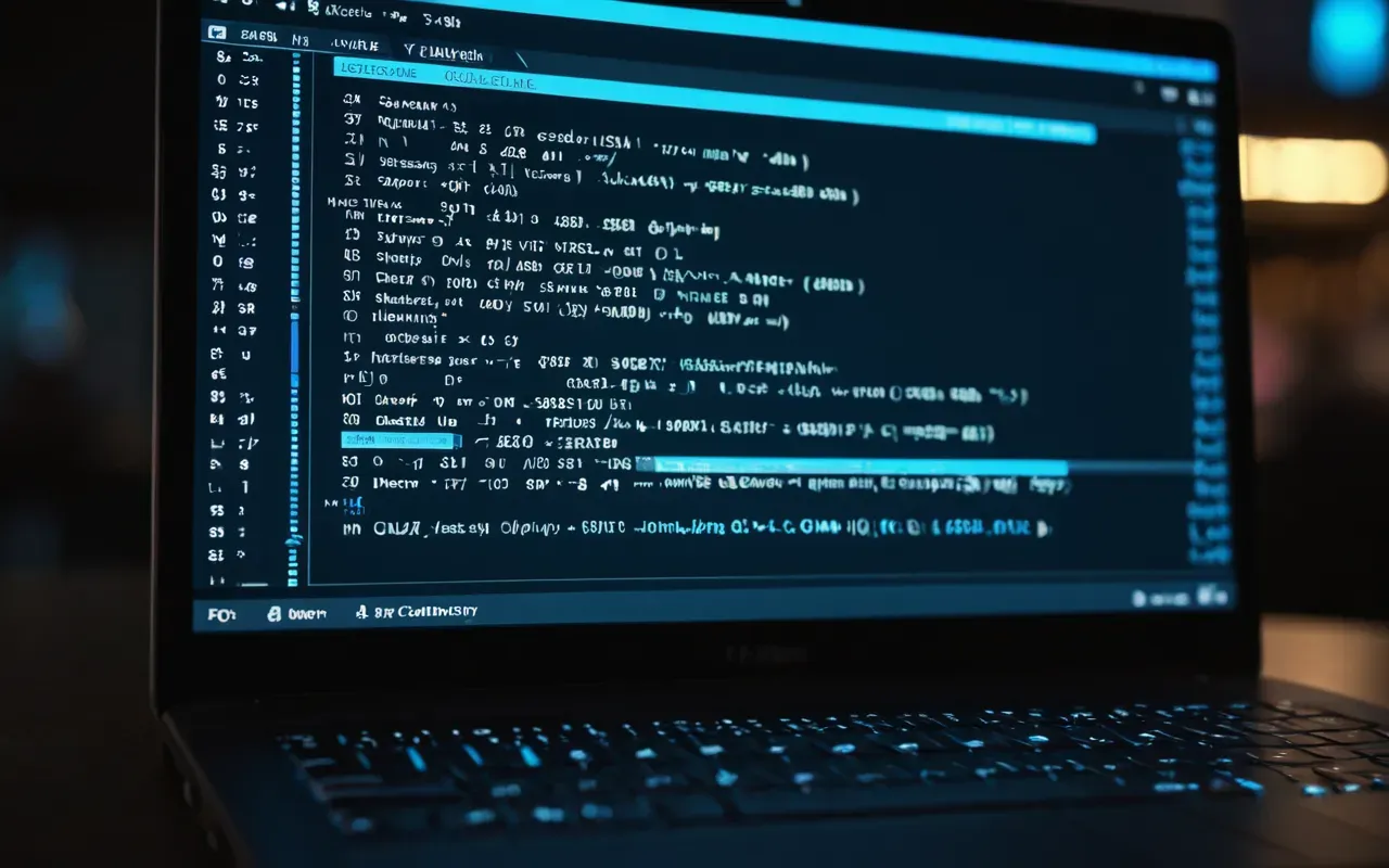 Close-up of a laptop screen displaying code errors in a dark mode editor with soft blue ambient lighting and shallow depth of field
