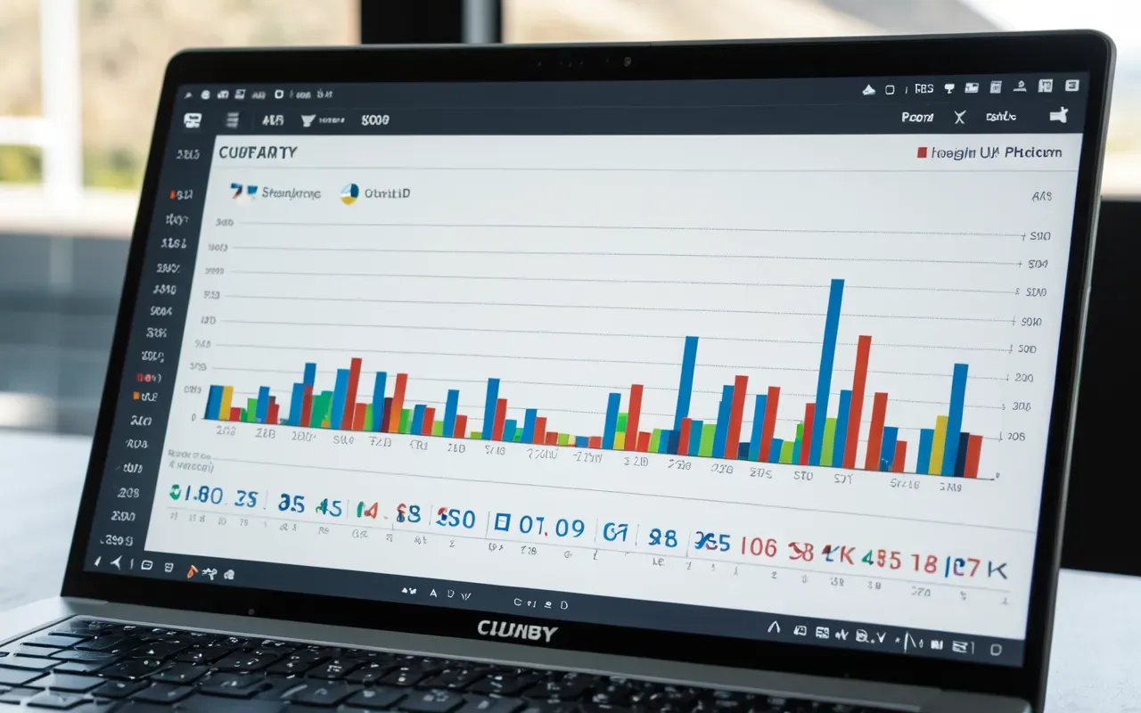 web performance metrics tracking Close up of a laptop screen displaying colorful line graphs and data visualization charts in bright daylight with reflections on the glass surface.