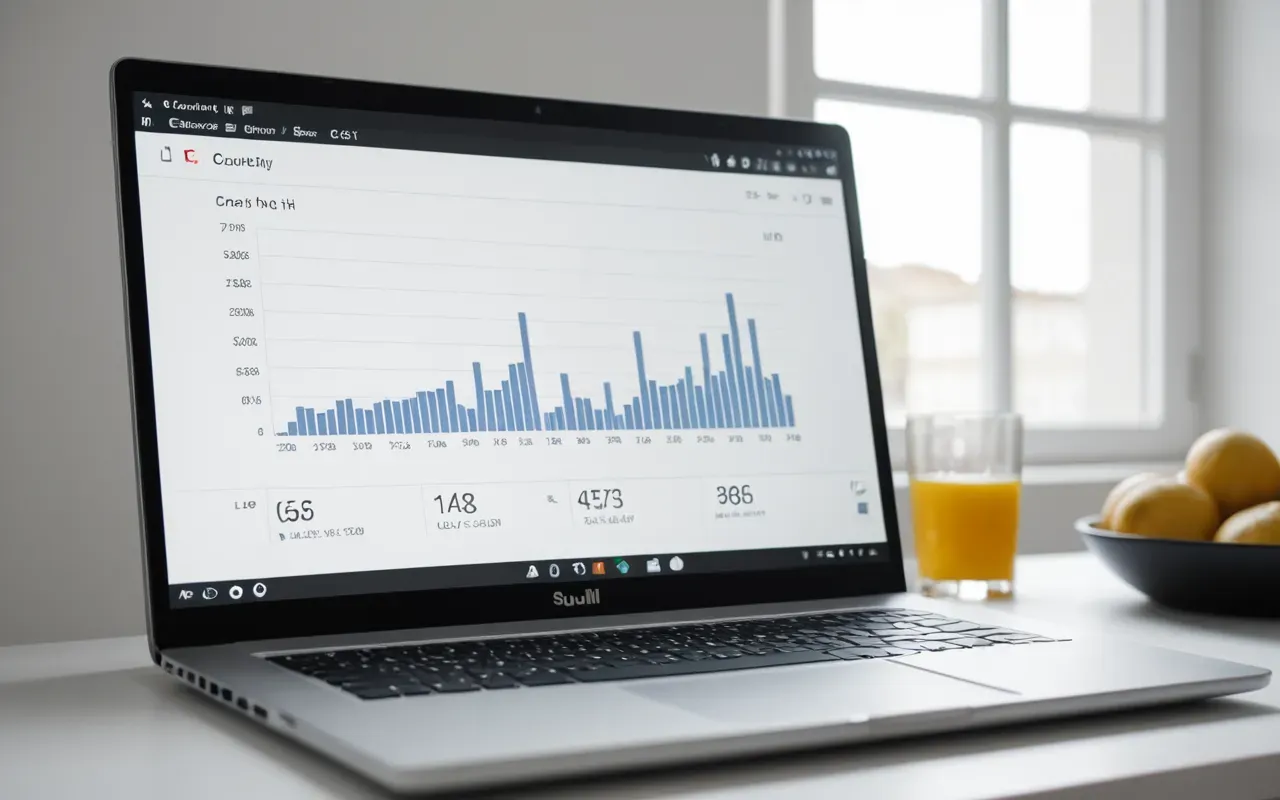 SEO analytics dashboard Close-up of a laptop screen showing abstract data visualization graphs on a clean white desk with soft natural light from a nearby window and minimal office supplies arranged neatly in the background.