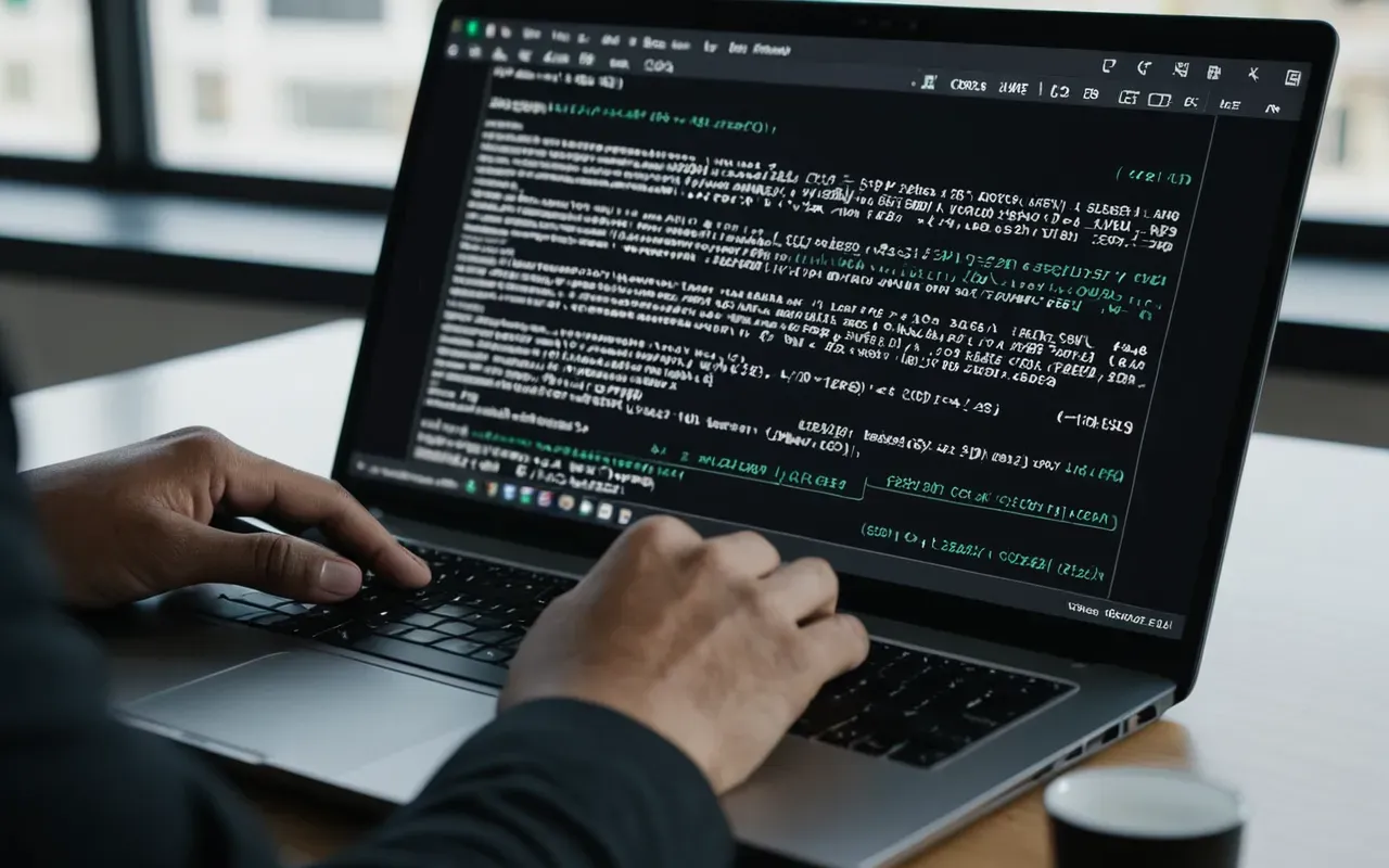 Close up of a laptop screen showing lines of code in dark mode with a hand hovering over the keyboard in a bright office setting with soft natural light from a window