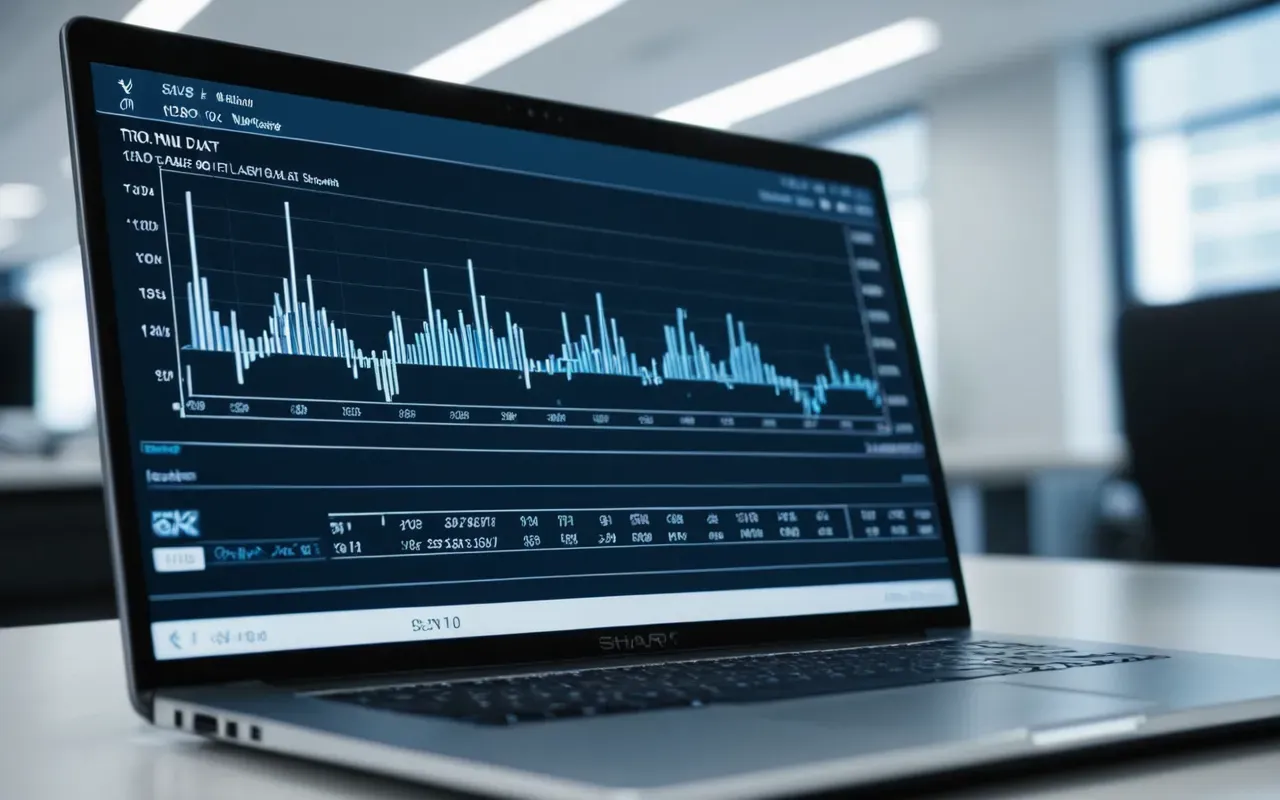 data analytics dashboard Close-up of a modern laptop screen displaying abstract data visualizations in soft blue and white tones with blurred background office lighting and clean minimalist workspace aesthetic